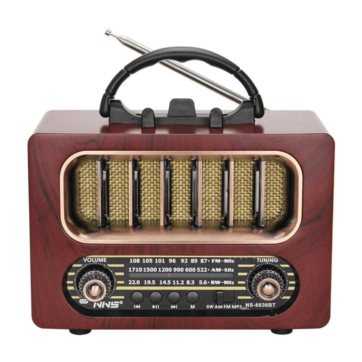 Orta Boy Retro Ahşap Tasarım Bluetooth Hoparlörlü Radyo – FM/AM Destekli, Şarjlı ve Taşınabiliri Radyo NS-6636