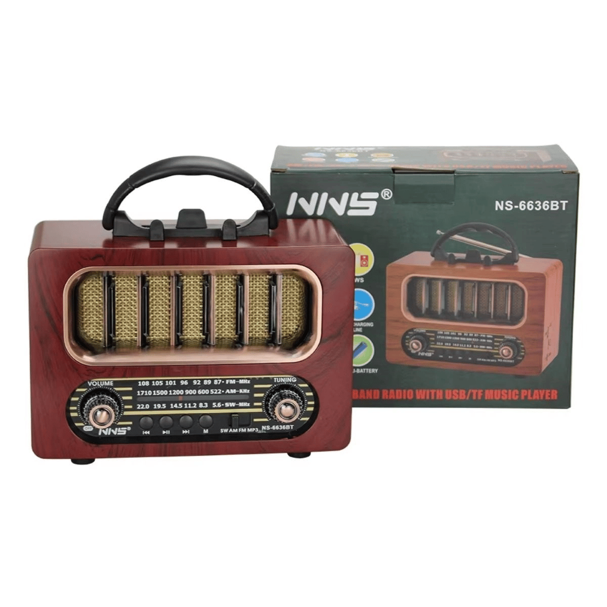 Orta Boy Retro Ahşap Tasarım Bluetooth Hoparlörlü Radyo – Fm/am Destekli, Şarjlı Ve Taşınabiliri Radyo Ns-6636 Bx40