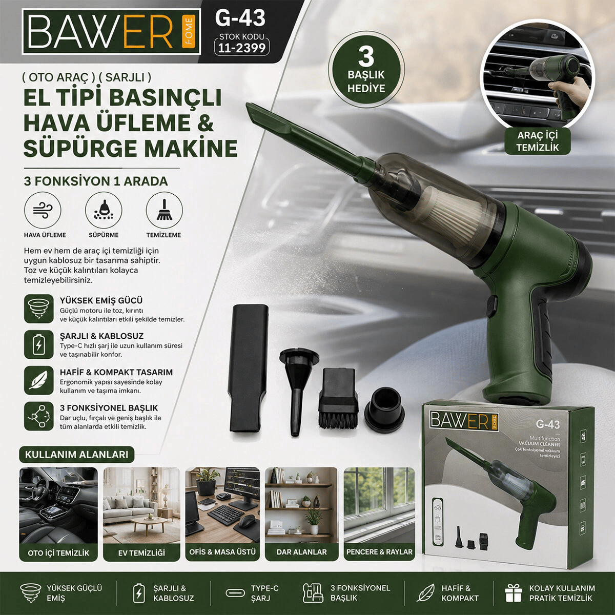 Oto Araç Sarjlı El Tipi Basınçlı Hava Üfleme - Süpürge Makine 3 Başlık G-43 Bx40