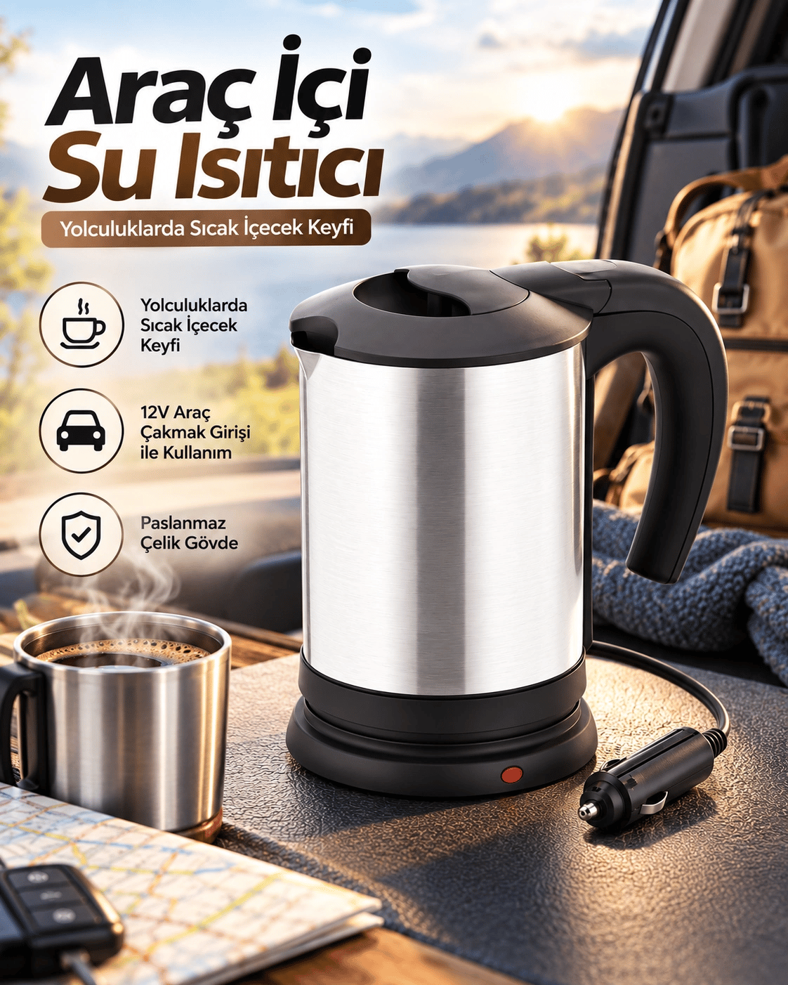 Otomobilde Kullanıma Uygun 12V Çakmak Soketli Paslanmaz Çelik Pratik Su Isıtıcı Kettle