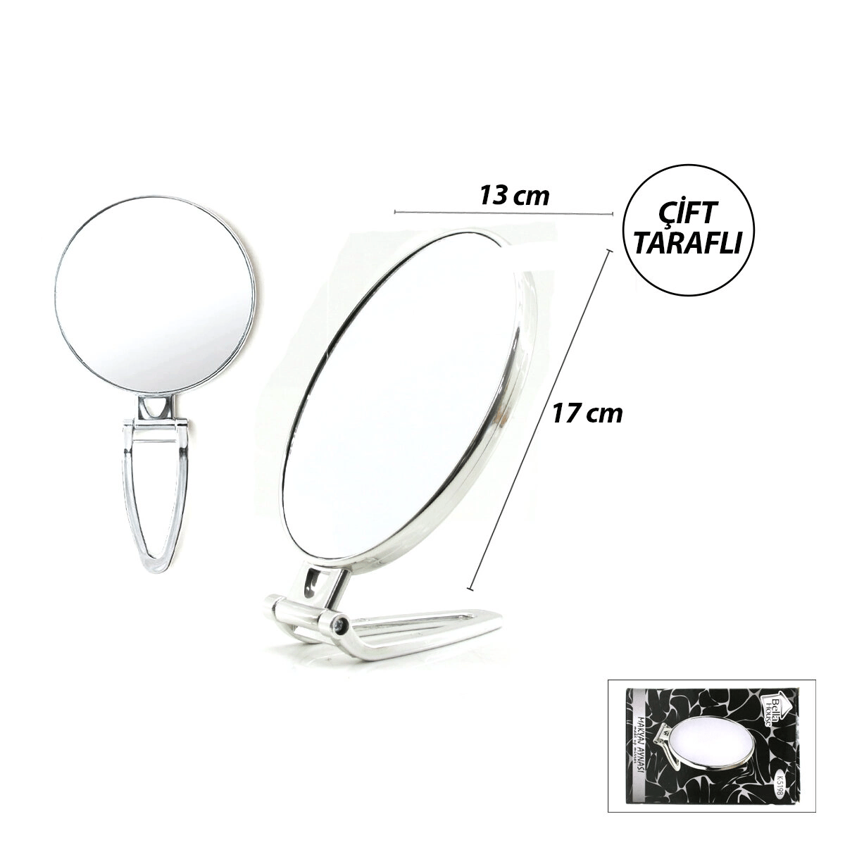 Oval - Gümüş 6.5 Inc=16.5x13cm Makyaj Aynası Çift Taraflı Katlanır Ayaklı Bx40
