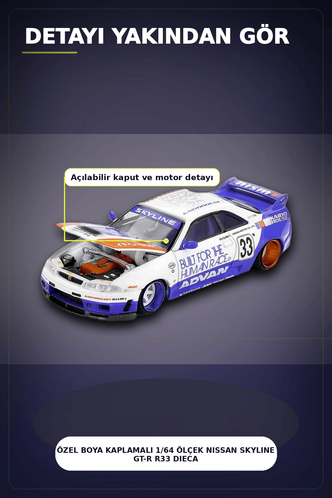 Özel Boya Kaplamalı 1/64 Ölçek Nissan Skyline GT-R R33 Diecast Model Araba BX-313372
