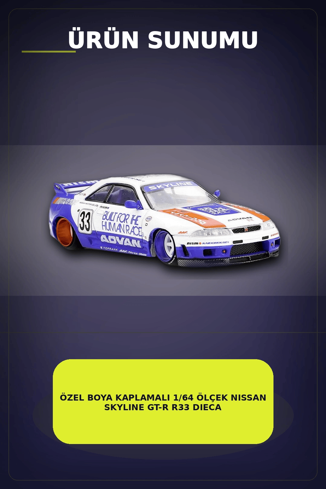 Özel Boya Kaplamalı 1/64 Ölçek Nissan Skyline GT-R R33 Diecast Model Araba BX-313372