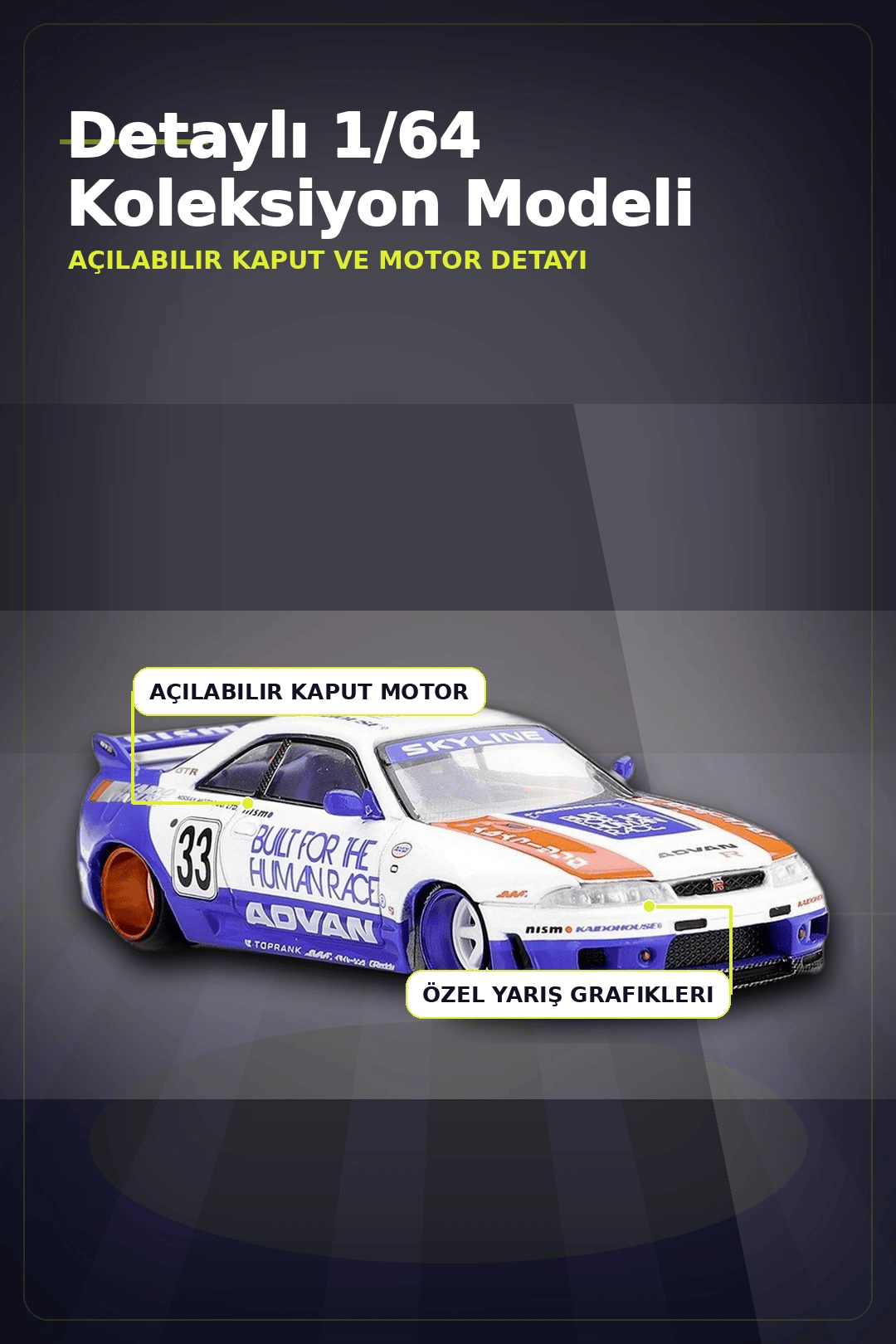 Özel Boya Kaplamalı 1/64 Ölçek Nissan Skyline GT-R R33 Diecast Model Araba BX-313372