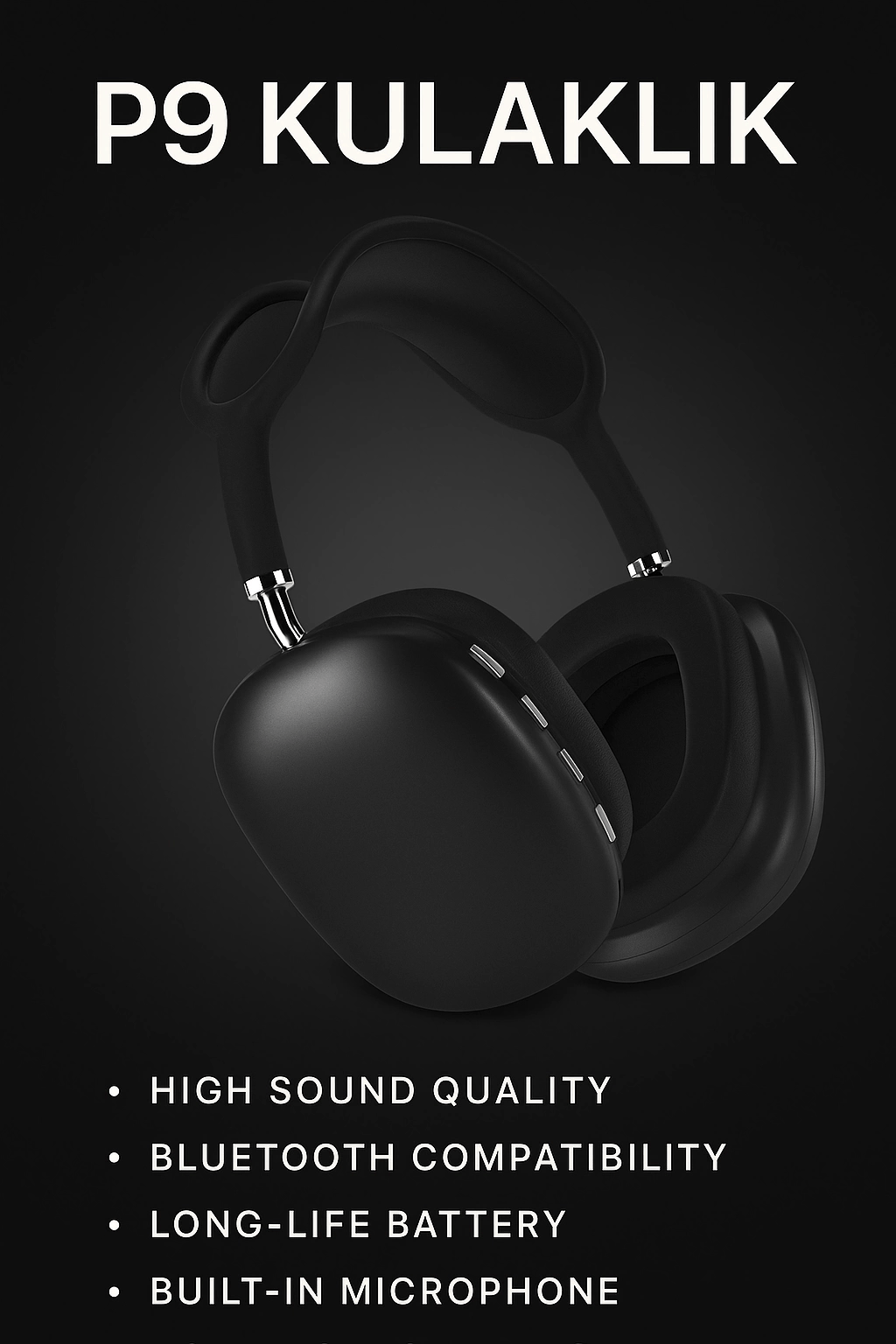 P9 Bluetooth 5.0 Kablosuz Siyah Kulaklık Mikrofonlu Uzun Pil Yüksek Bass ANC