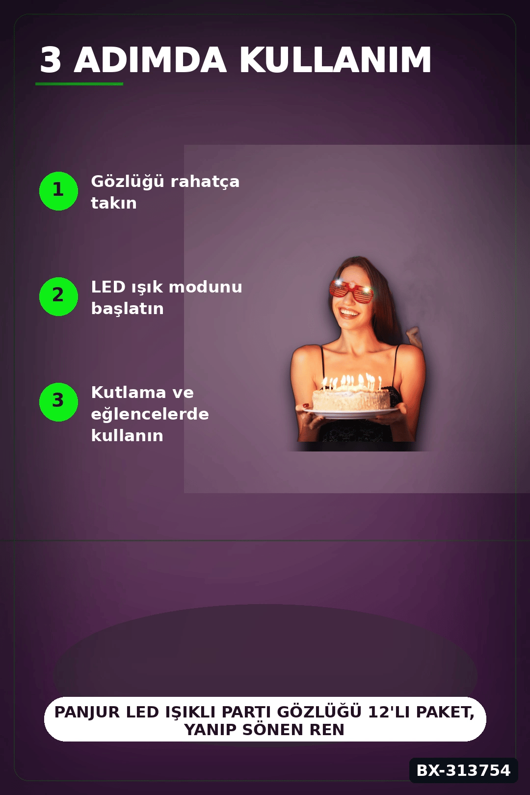 Panjur Led Işıklı Parti Gözlüğü 12'li Paket, Yanıp Sönen Renkli Pilli Plastik Aksesuar BX-313754