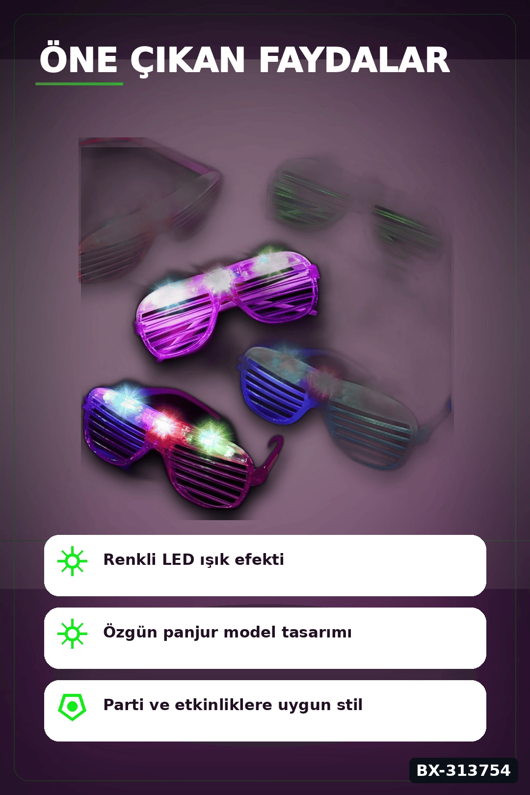 Panjur Led Işıklı Parti Gözlüğü 12'li Paket, Yanıp Sönen Renkli Pilli Plastik Aksesuar BX-313754