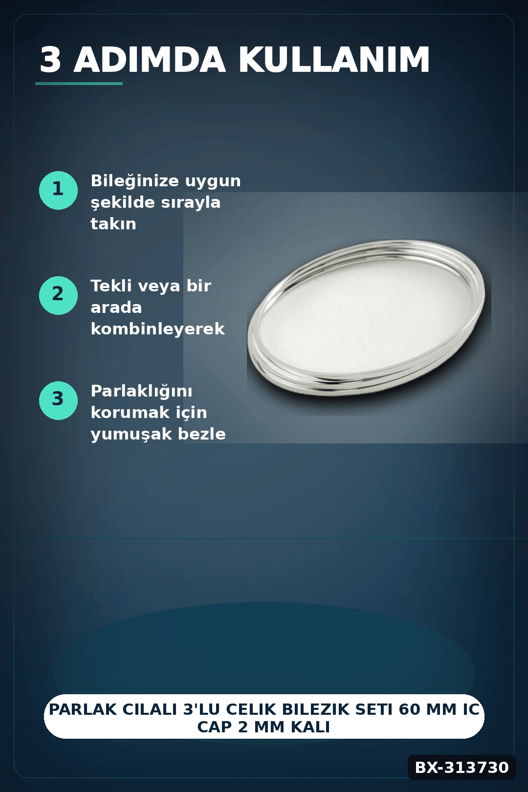 Parlak Cilali 3'lu Celik Bilezik Seti 60 mm Ic Cap 2 mm Kalinlik Ajda Bayan BX-313730