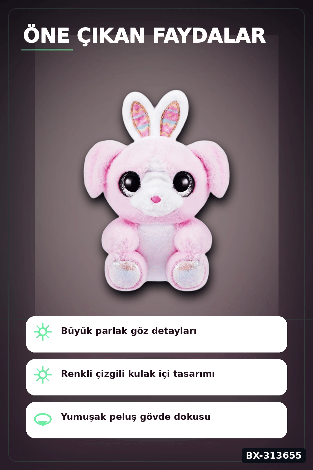 Parlak Gozlu Paskalya Pelus Oyuncak - 1 Adet Kucuk Kulahli Tavsan Hediyelik BX-313655