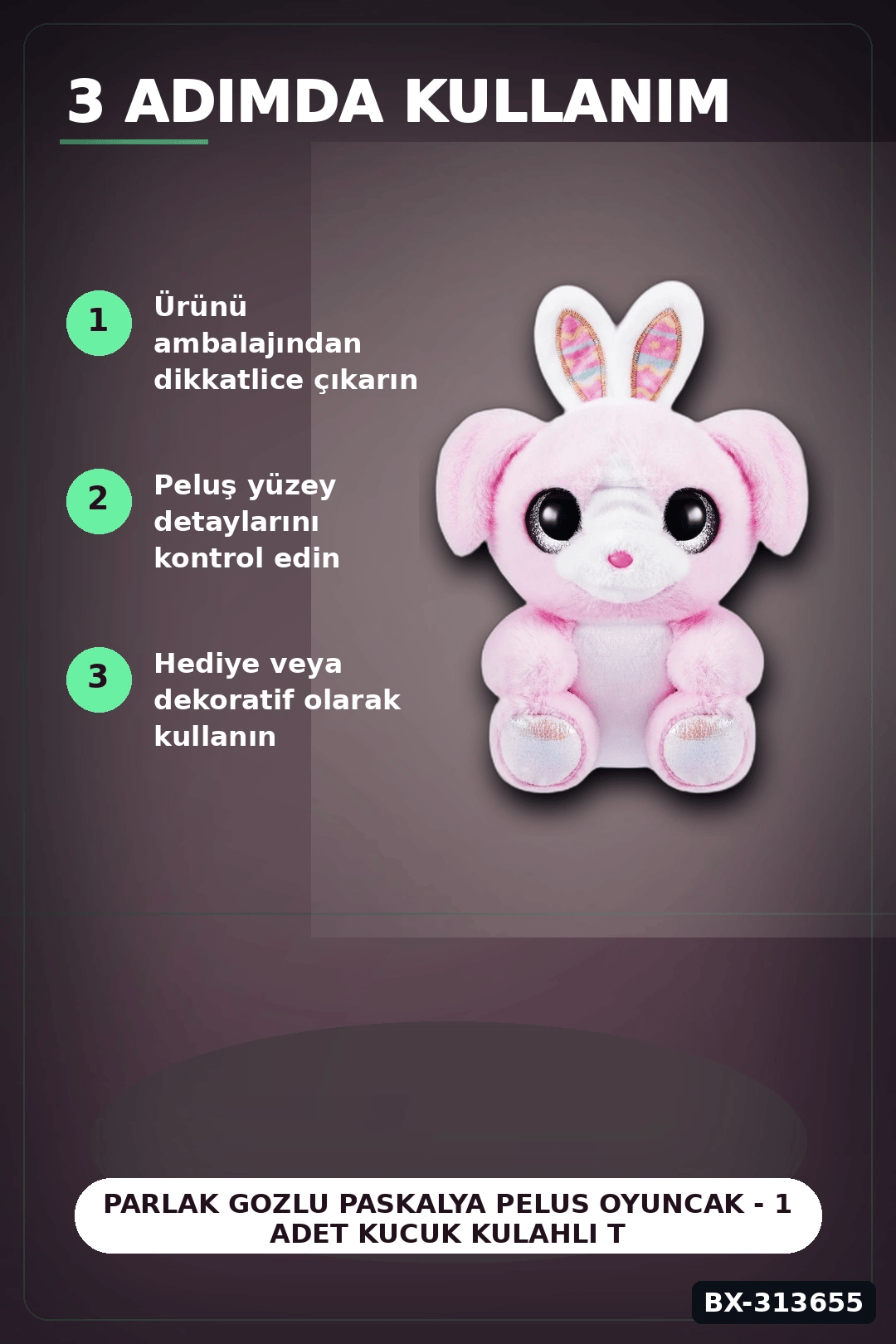 Parlak Gozlu Paskalya Pelus Oyuncak - 1 Adet Kucuk Kulahli Tavsan Hediyelik BX-313655