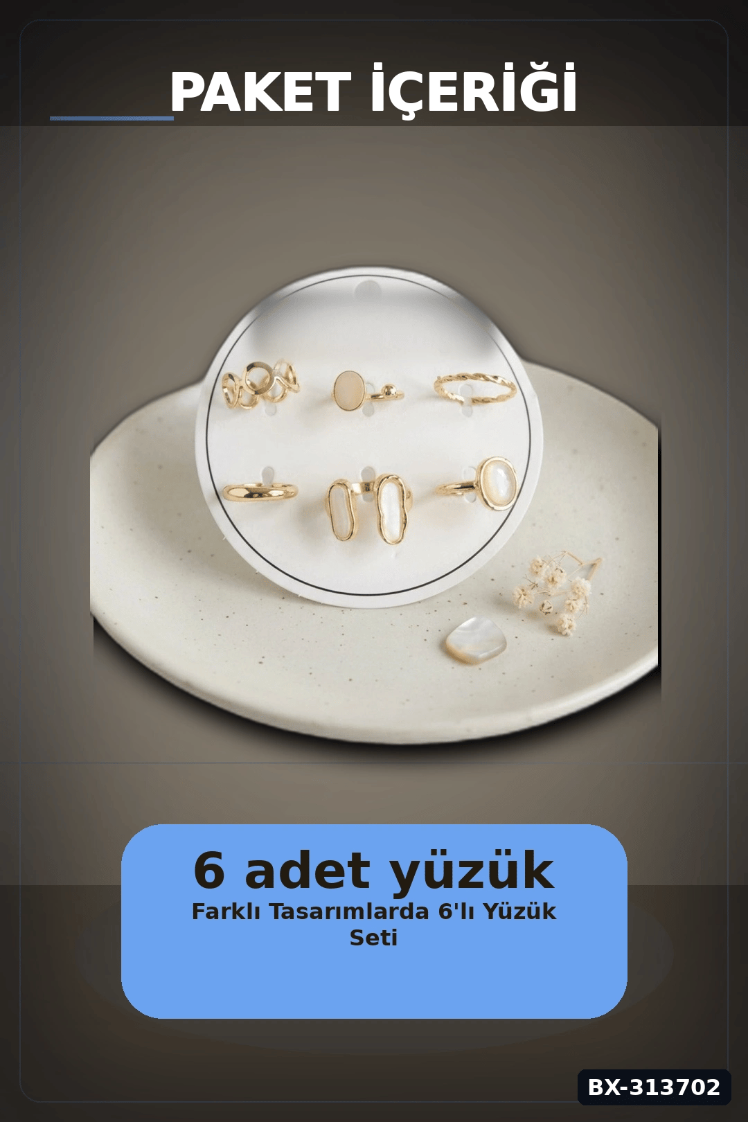 Parlak Pirinç 6 Parça Yüzük Seti, 7-8 Numara Bijuteri Aksesuar Hediyelik BX-313702