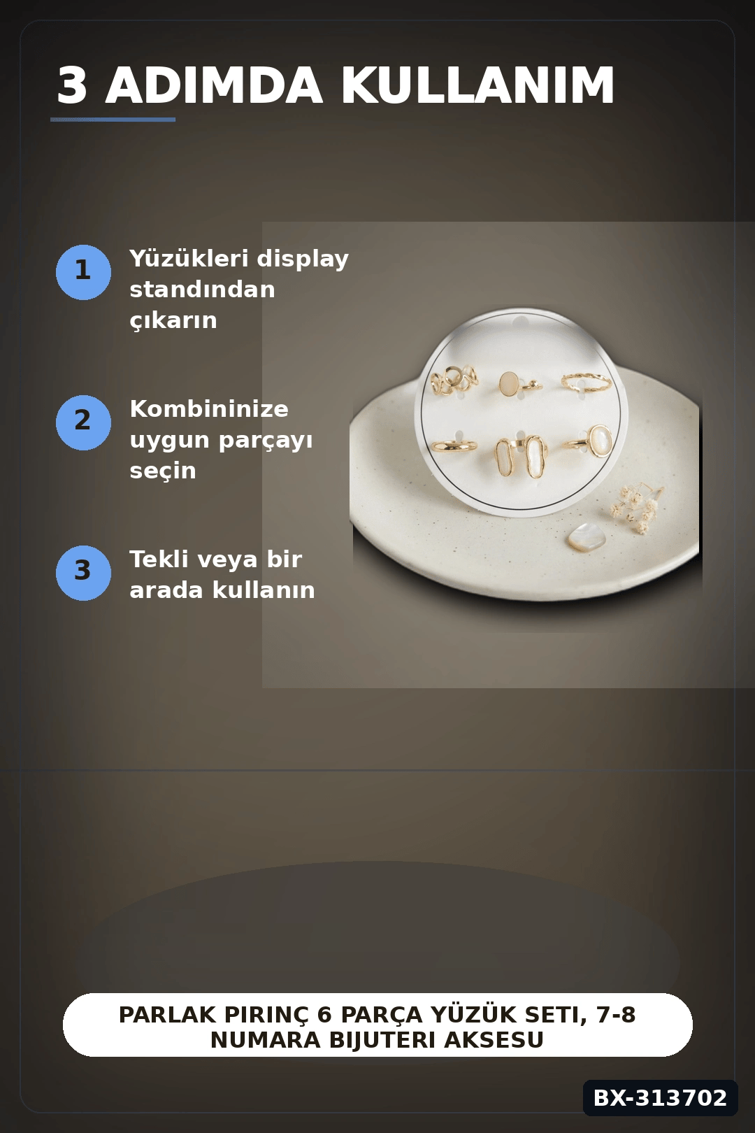 Parlak Pirinç 6 Parça Yüzük Seti, 7-8 Numara Bijuteri Aksesuar Hediyelik BX-313702