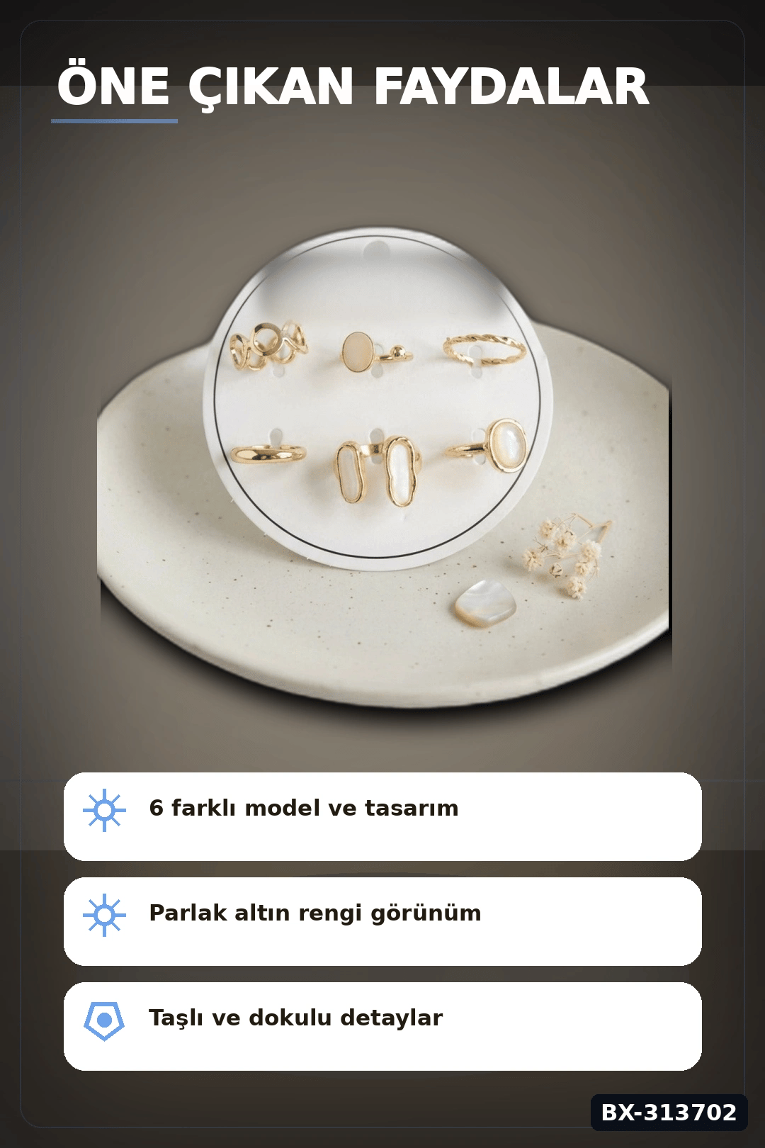 Parlak Pirinç 6 Parça Yüzük Seti, 7-8 Numara Bijuteri Aksesuar Hediyelik BX-313702