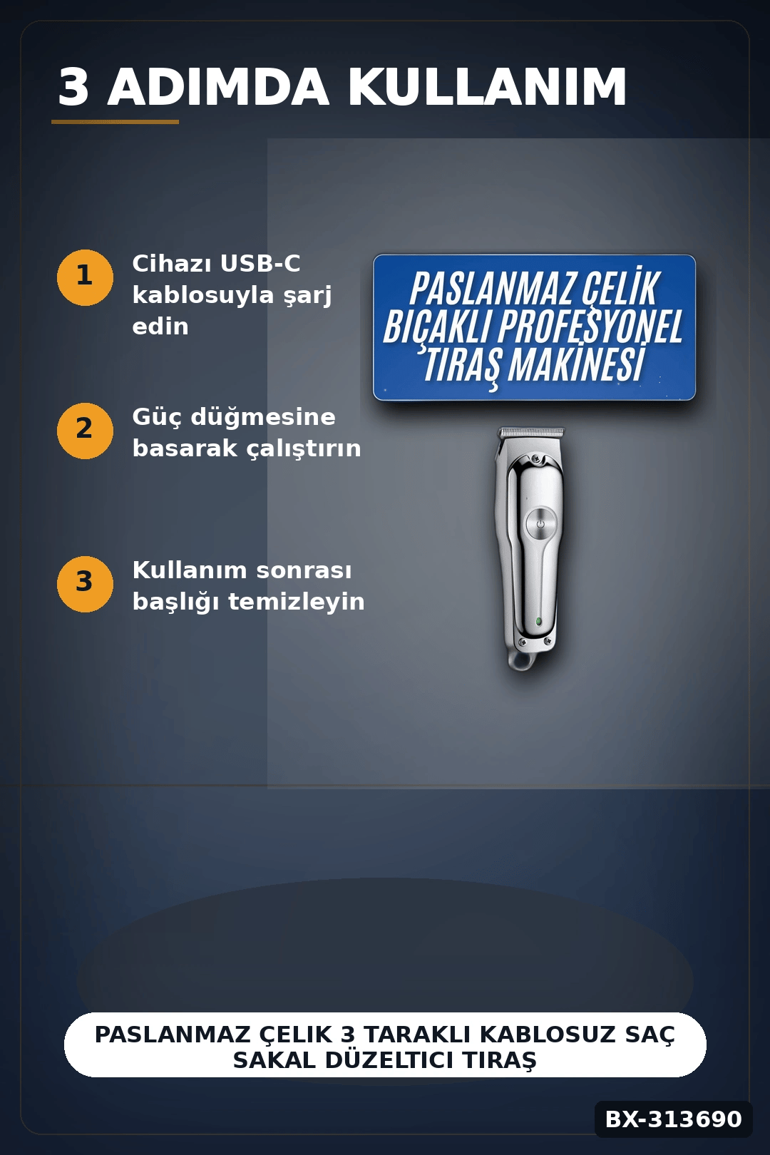 Paslanmaz Çelik 3 Taraklı Kablosuz Saç Sakal Düzeltici Tıraş Makinesi Seti BX-313690