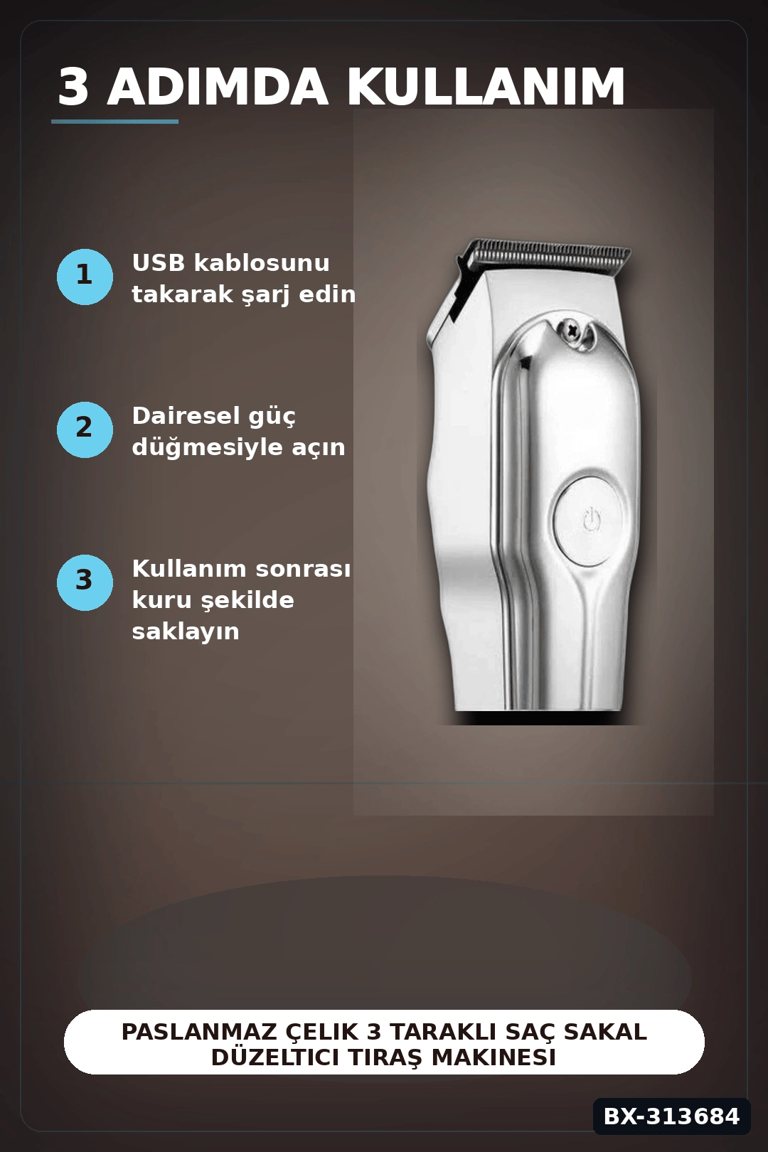 Paslanmaz Çelik 3 Taraklı Saç Sakal Düzeltici Tıraş Makinesi Seti, Şarjlı Taşınabilir BX-313684