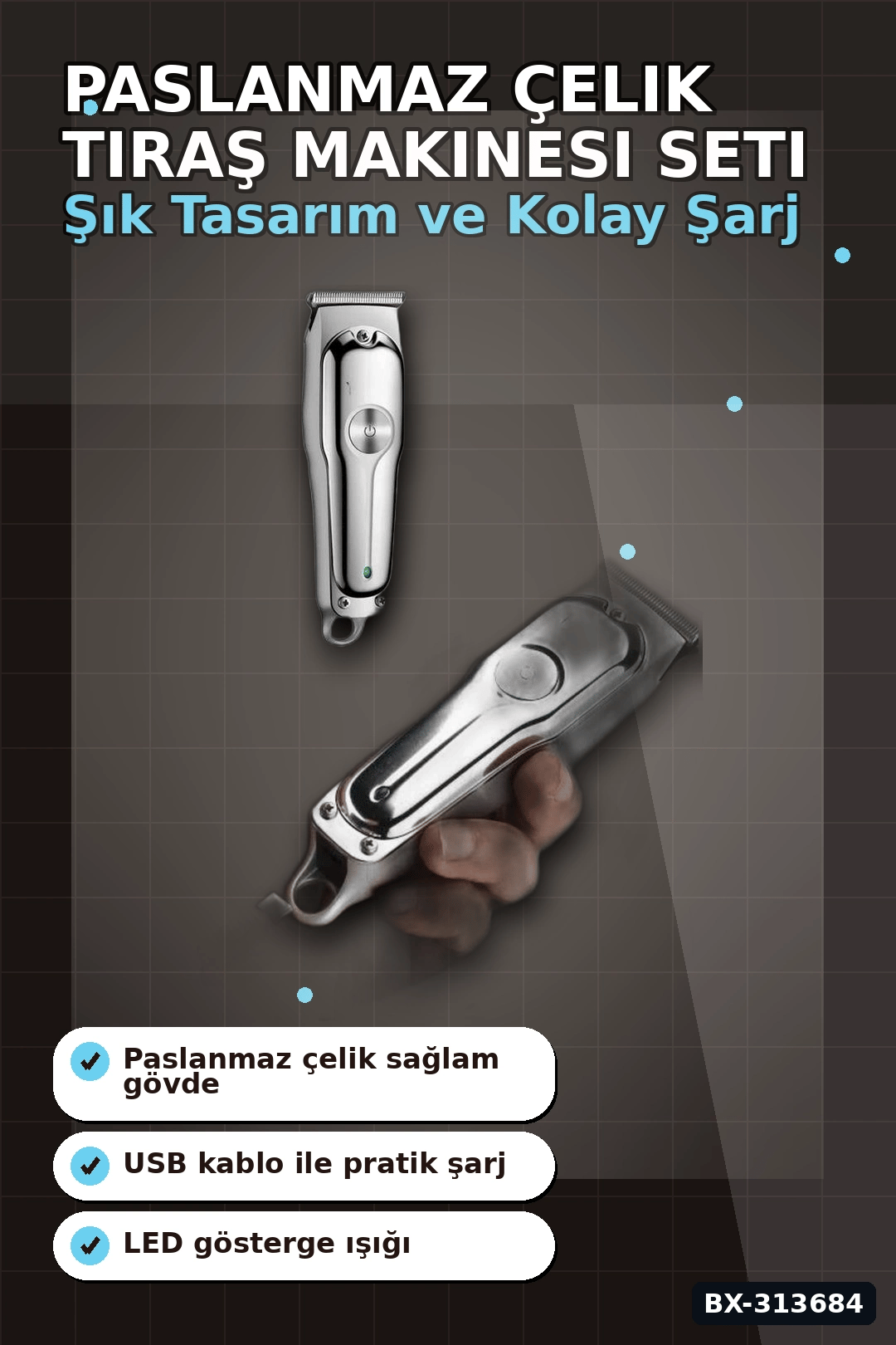 Paslanmaz Çelik 3 Taraklı Saç Sakal Düzeltici Tıraş Makinesi Seti, Şarjlı Taşınabilir BX-313684