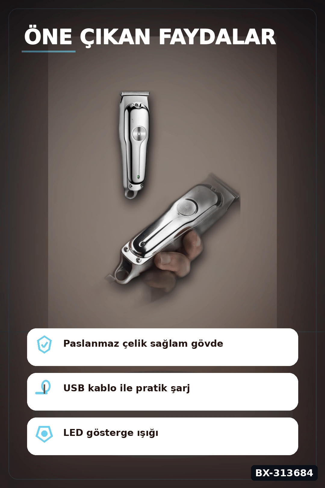 Paslanmaz Çelik 3 Taraklı Saç Sakal Düzeltici Tıraş Makinesi Seti, Şarjlı Taşınabilir BX-313684