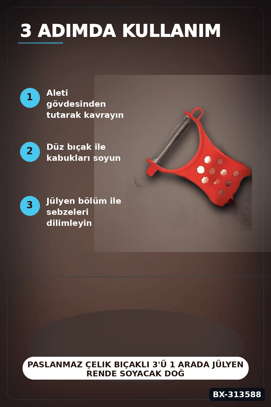 Paslanmaz Çelik Bıçaklı 3'ü 1 Arada Jülyen Rende Soyacak Doğrayıcı Mutfak Aleti BX-313588