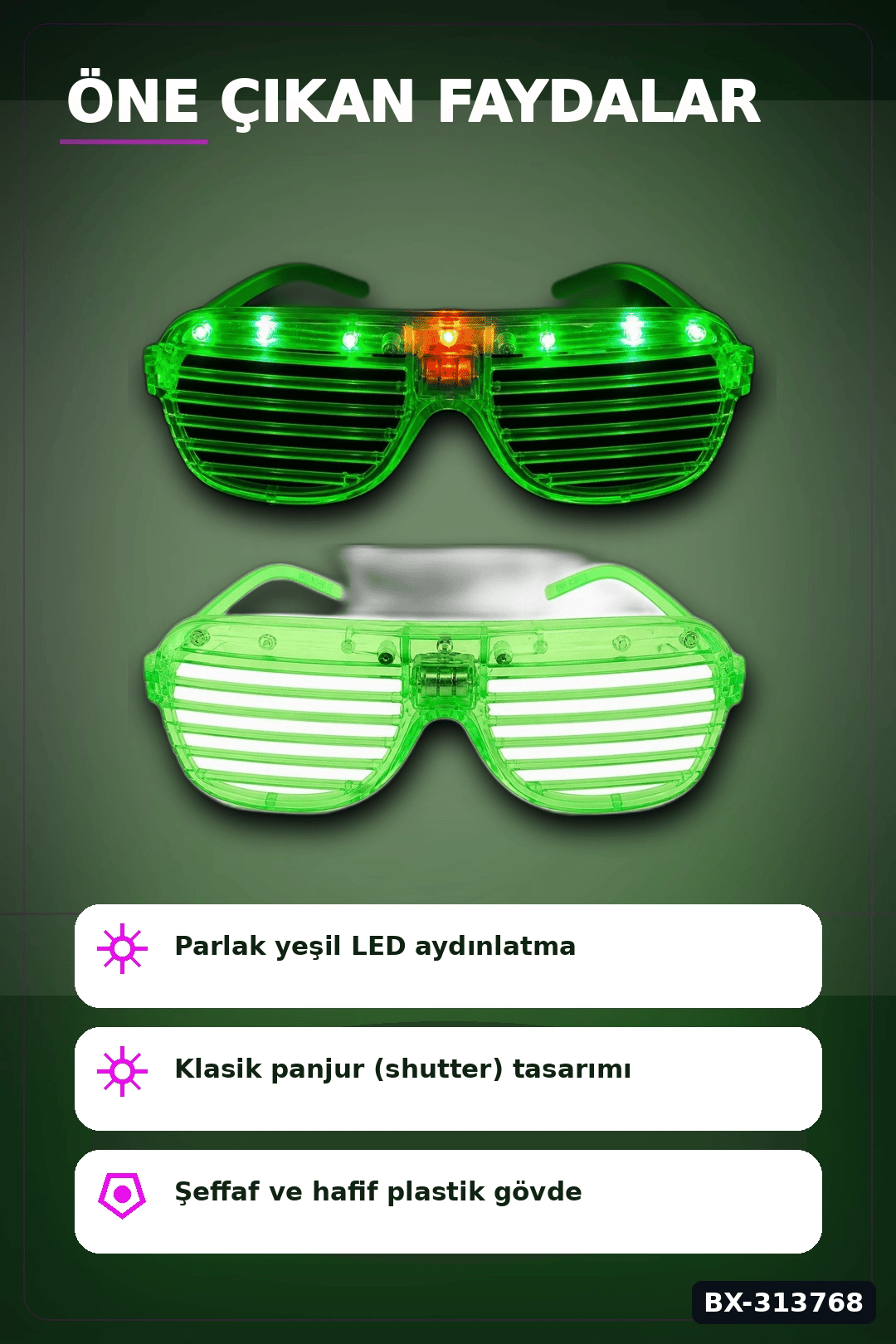 Pilli Çalışan Led Işıklı Panjur Parti Gözlüğü Yeşil Shutter Model 1 Adet BX-313768