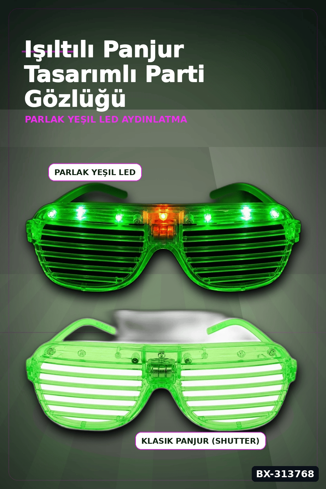 Pilli Çalışan Led Işıklı Panjur Parti Gözlüğü Yeşil Shutter Model 1 Adet BX-313768