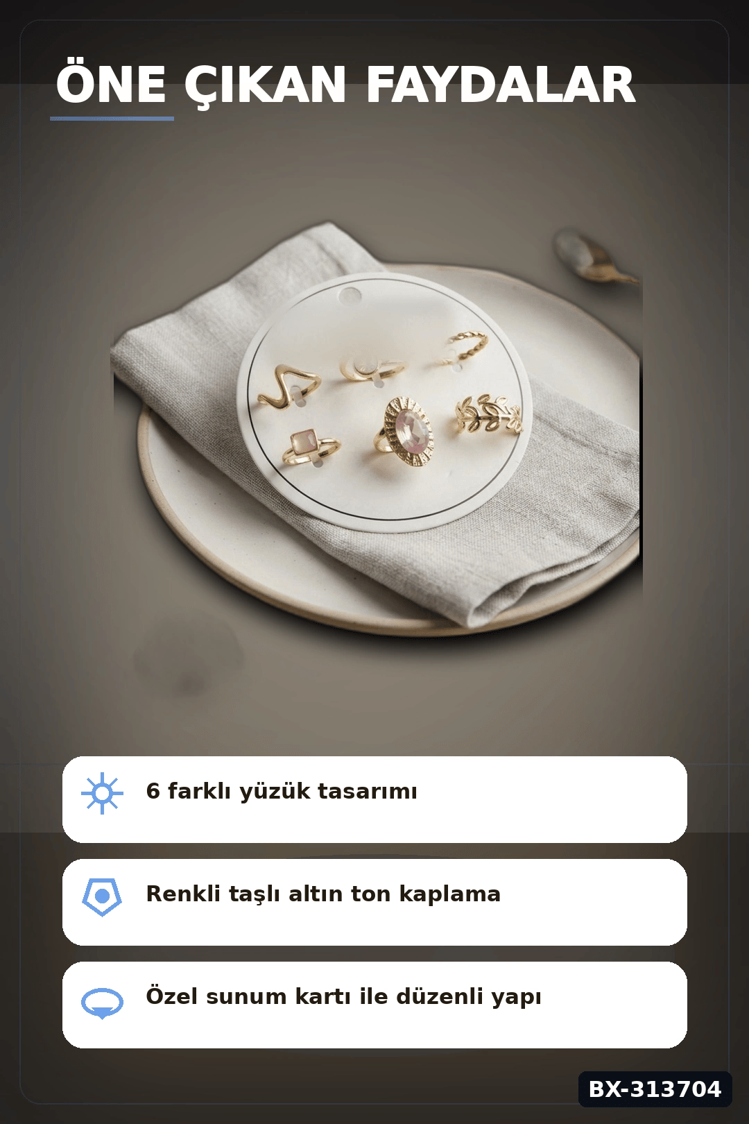 Pirinc 6 Adet Yuzuk Seti Numara 7-8 Arasi Bayan Bijuteri Hediyelik Ton BX-313704