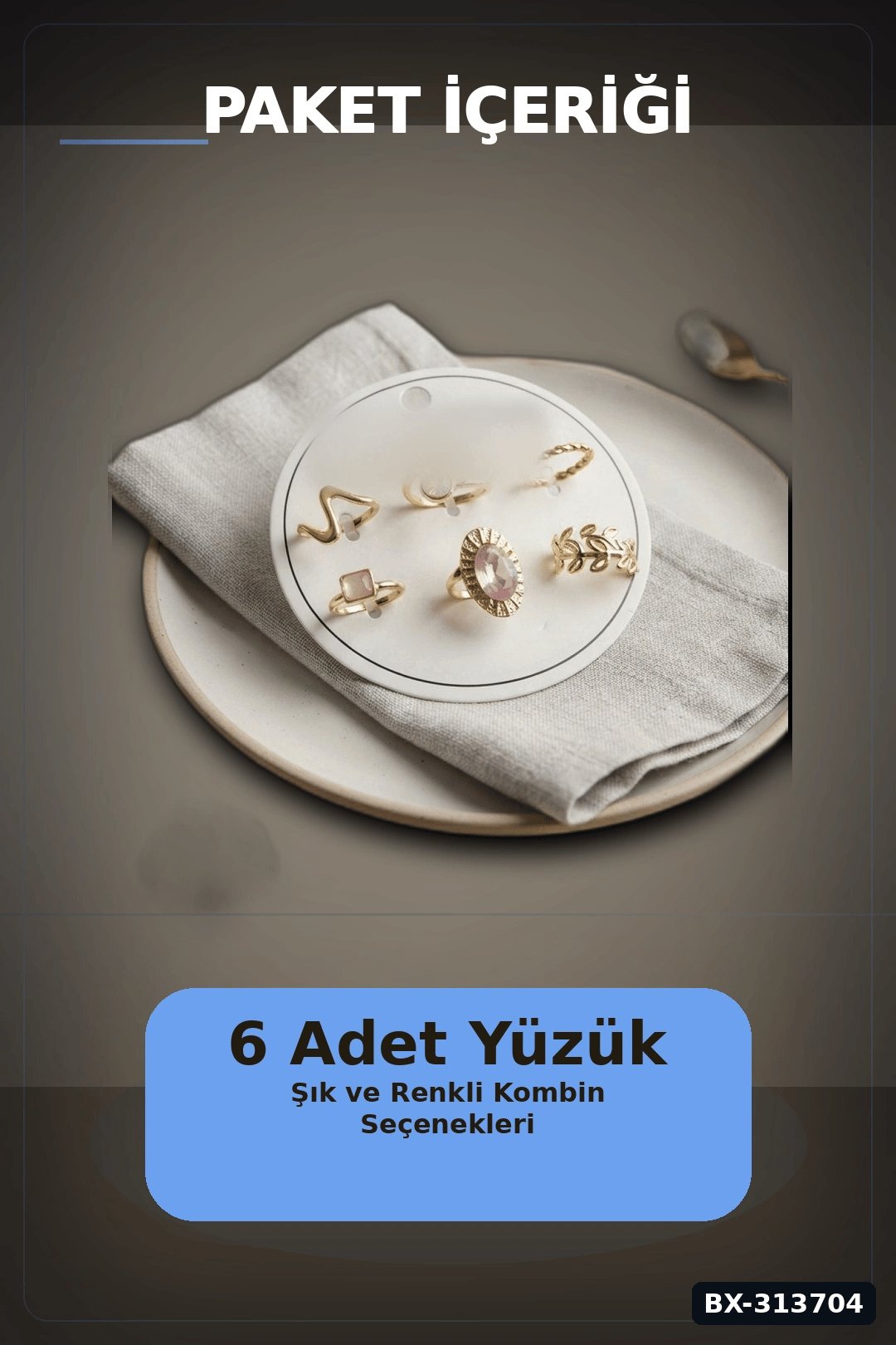 Pirinc 6 Adet Yuzuk Seti Numara 7-8 Arasi Bayan Bijuteri Hediyelik Ton BX-313704