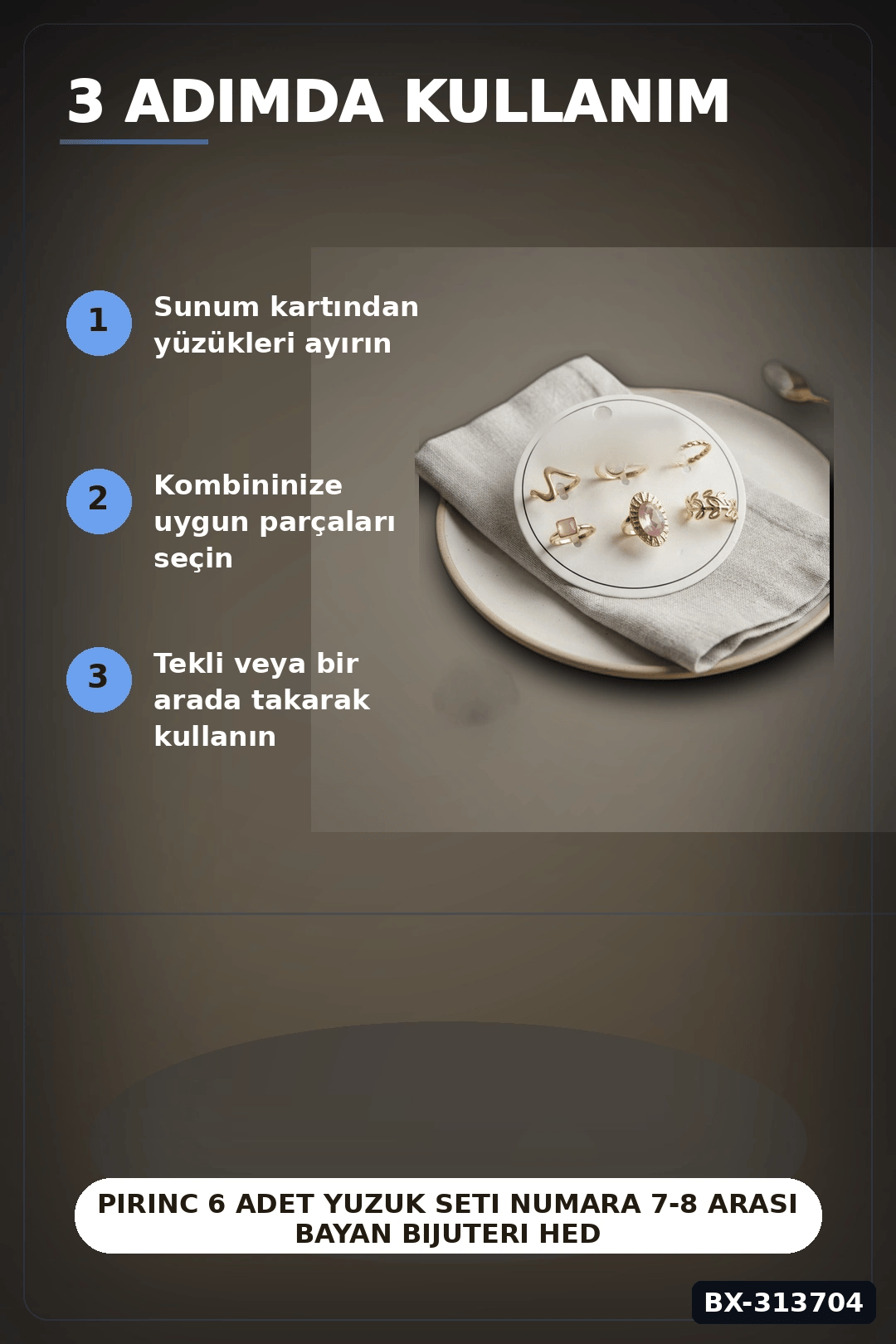 Pirinc 6 Adet Yuzuk Seti Numara 7-8 Arasi Bayan Bijuteri Hediyelik Ton BX-313704