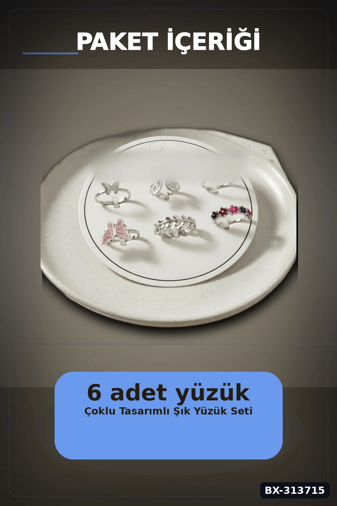 Pirinç 6'li Kelebek Detayli Yuzuk Seti - 7-8 Numara Arasi Gumus Renk Bayan Aksesuari BX-313715