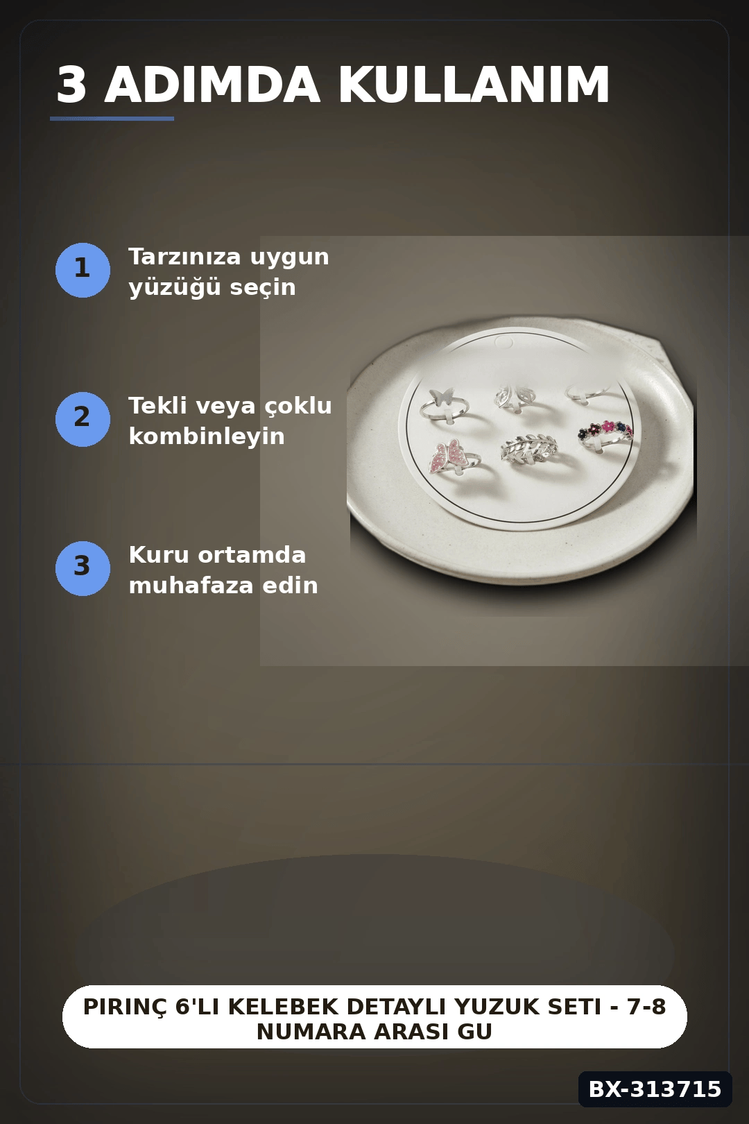 Pirinç 6'li Kelebek Detayli Yuzuk Seti - 7-8 Numara Arasi Gumus Renk Bayan Aksesuari BX-313715