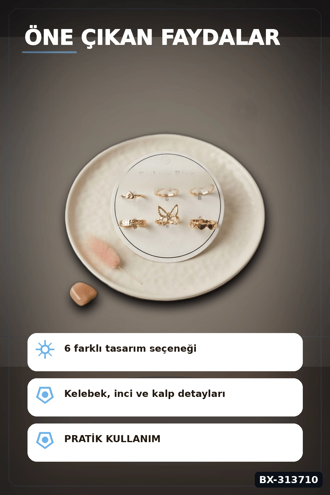 Pirinç 6'li Kelebek Detayli Yuzuk Seti 7-8 Numara Rengi Bijuteri BX-313710