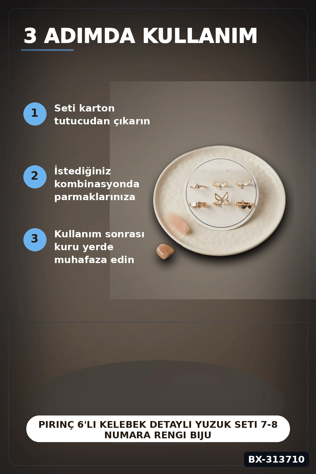 Pirinç 6'li Kelebek Detayli Yuzuk Seti 7-8 Numara Rengi Bijuteri BX-313710