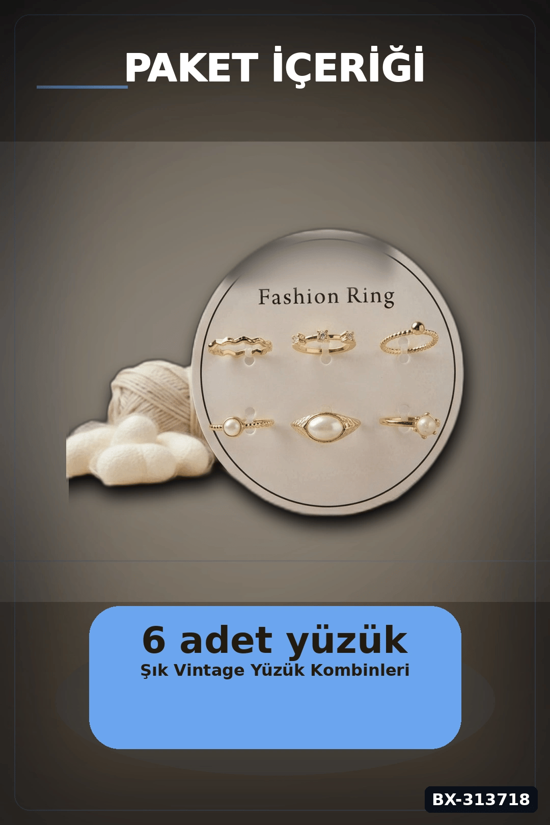 Pirinç 6'li Yuzuk Seti 7-8 Numara Adjustable Vintage Stil Bayan Aksesuari BX-313718