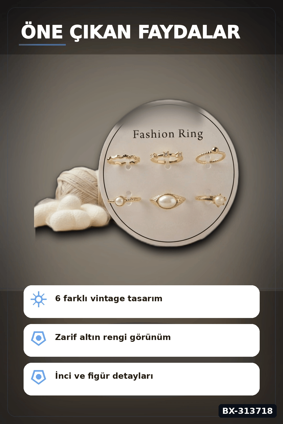 Pirinç 6'li Yuzuk Seti 7-8 Numara Adjustable Vintage Stil Bayan Aksesuari BX-313718