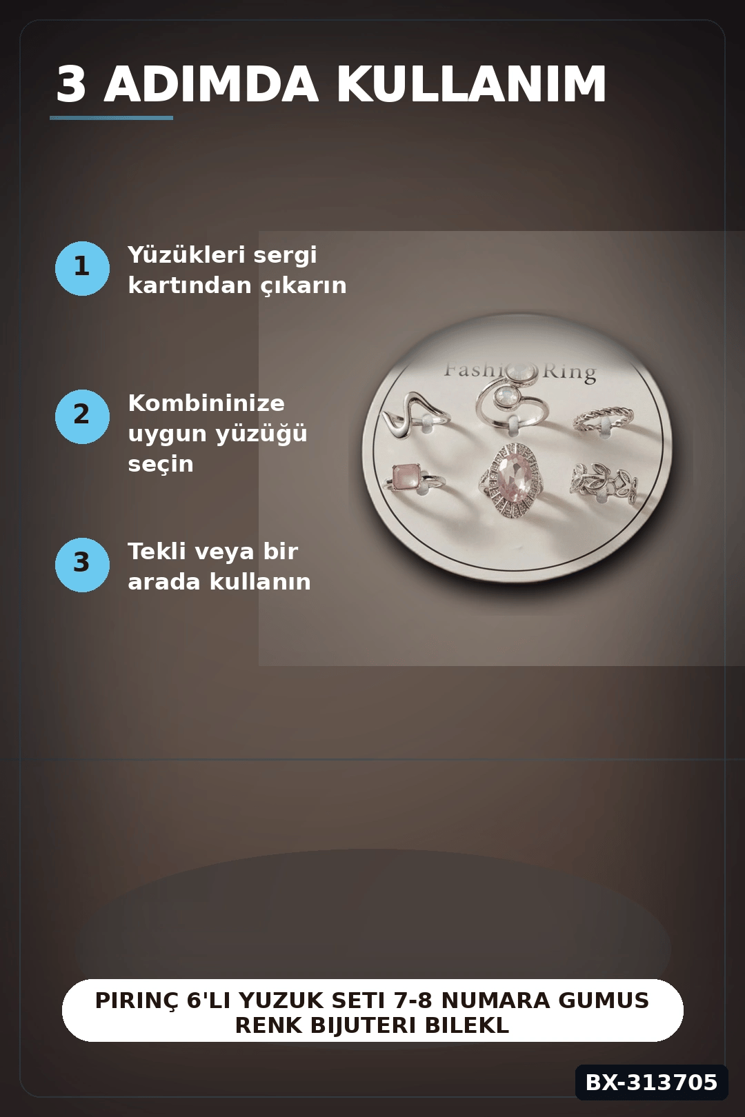 Pirinç 6'li Yuzuk Seti 7-8 Numara Gumus Renk Bijuteri Bileklik Hediyelik Paket BX-313705