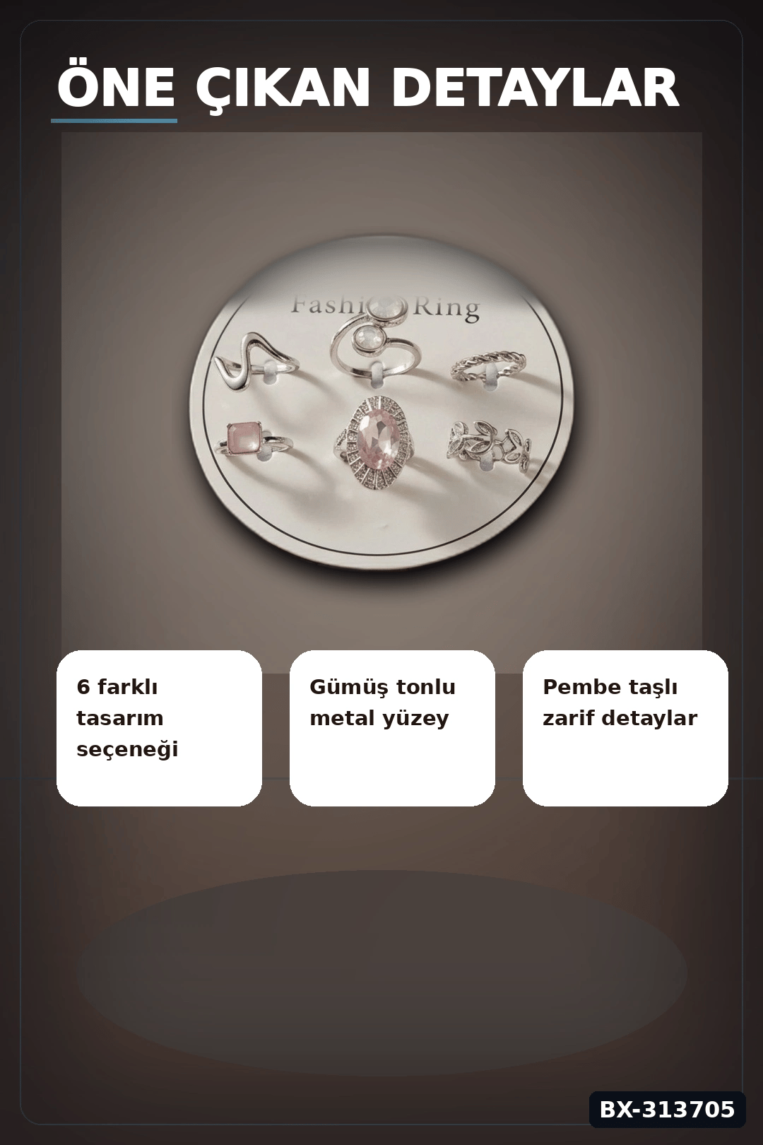Pirinç 6'li Yuzuk Seti 7-8 Numara Gumus Renk Bijuteri Bileklik Hediyelik Paket BX-313705