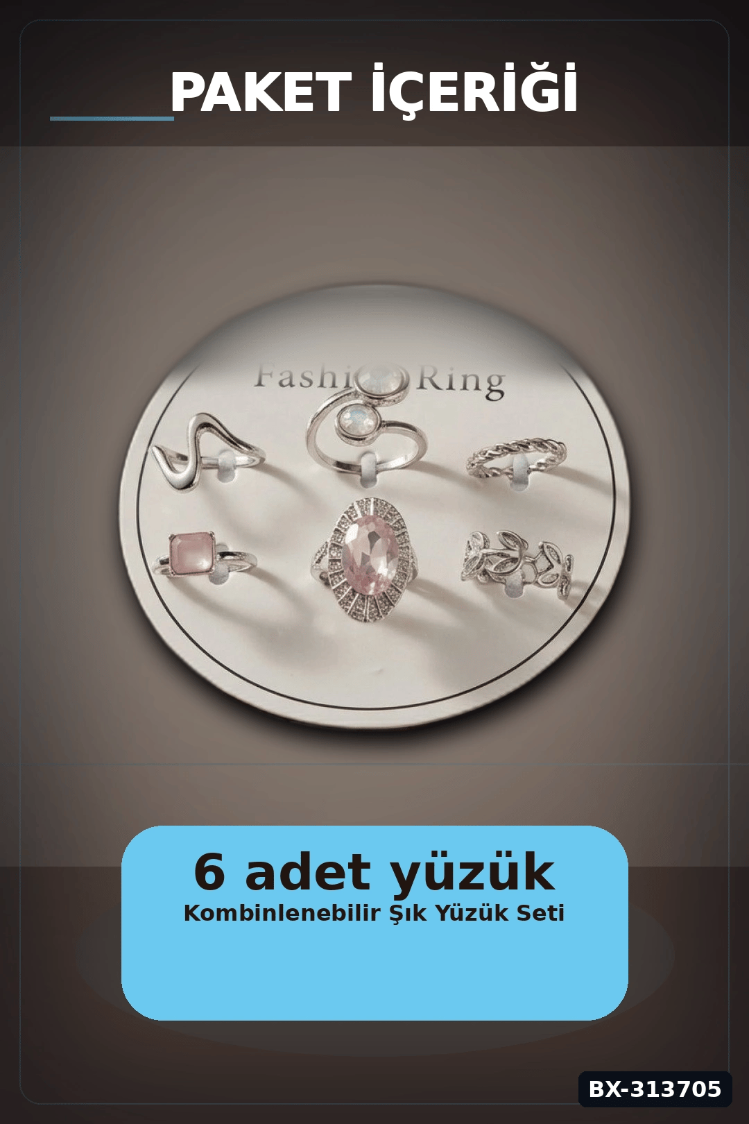 Pirinç 6'li Yuzuk Seti 7-8 Numara Gumus Renk Bijuteri Bileklik Hediyelik Paket BX-313705