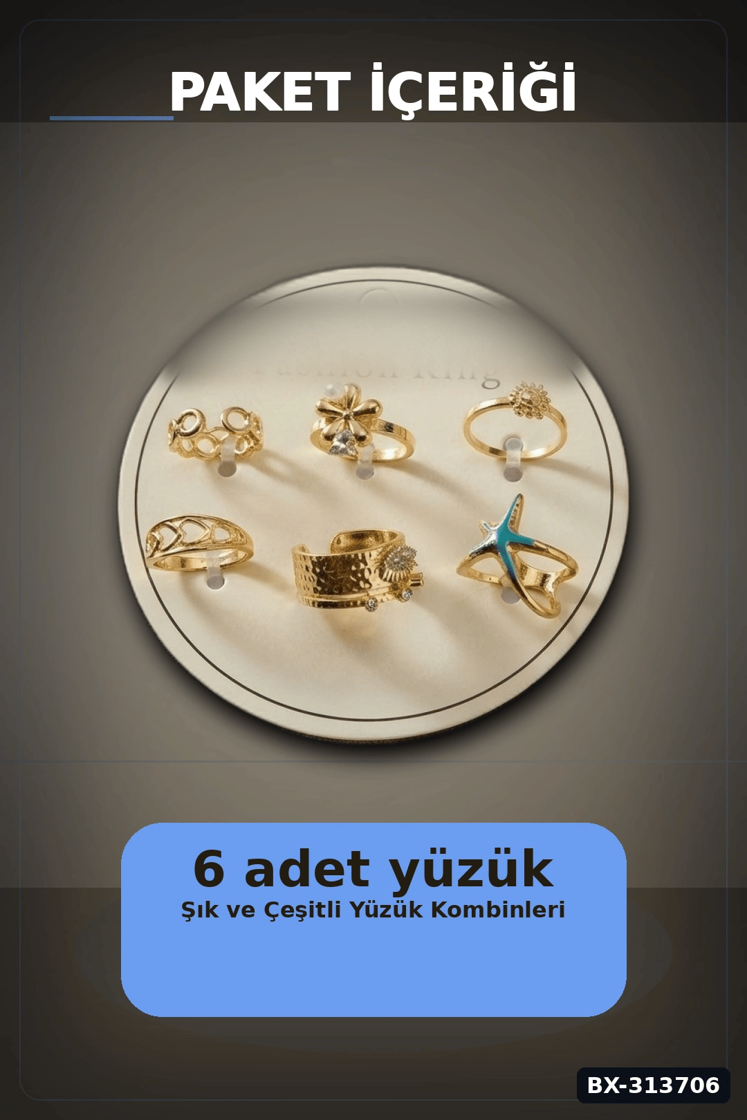 Pirinç 7-8 Numara 6 Adet Tonlu Yüzük Seti - Bijuteri Takı Aksesuar Hediyelik BX-313706