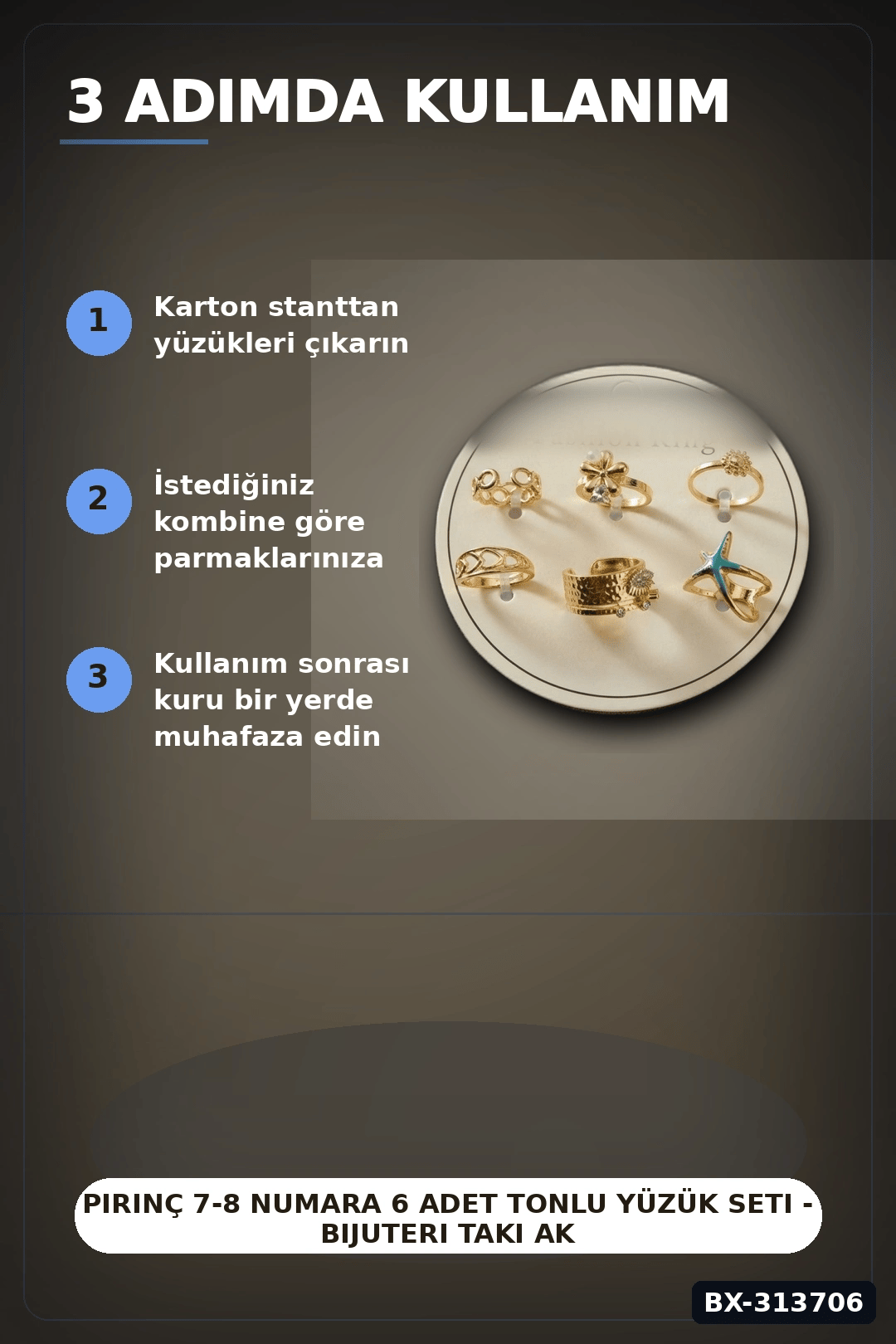 Pirinç 7-8 Numara 6 Adet Tonlu Yüzük Seti - Bijuteri Takı Aksesuar Hediyelik BX-313706