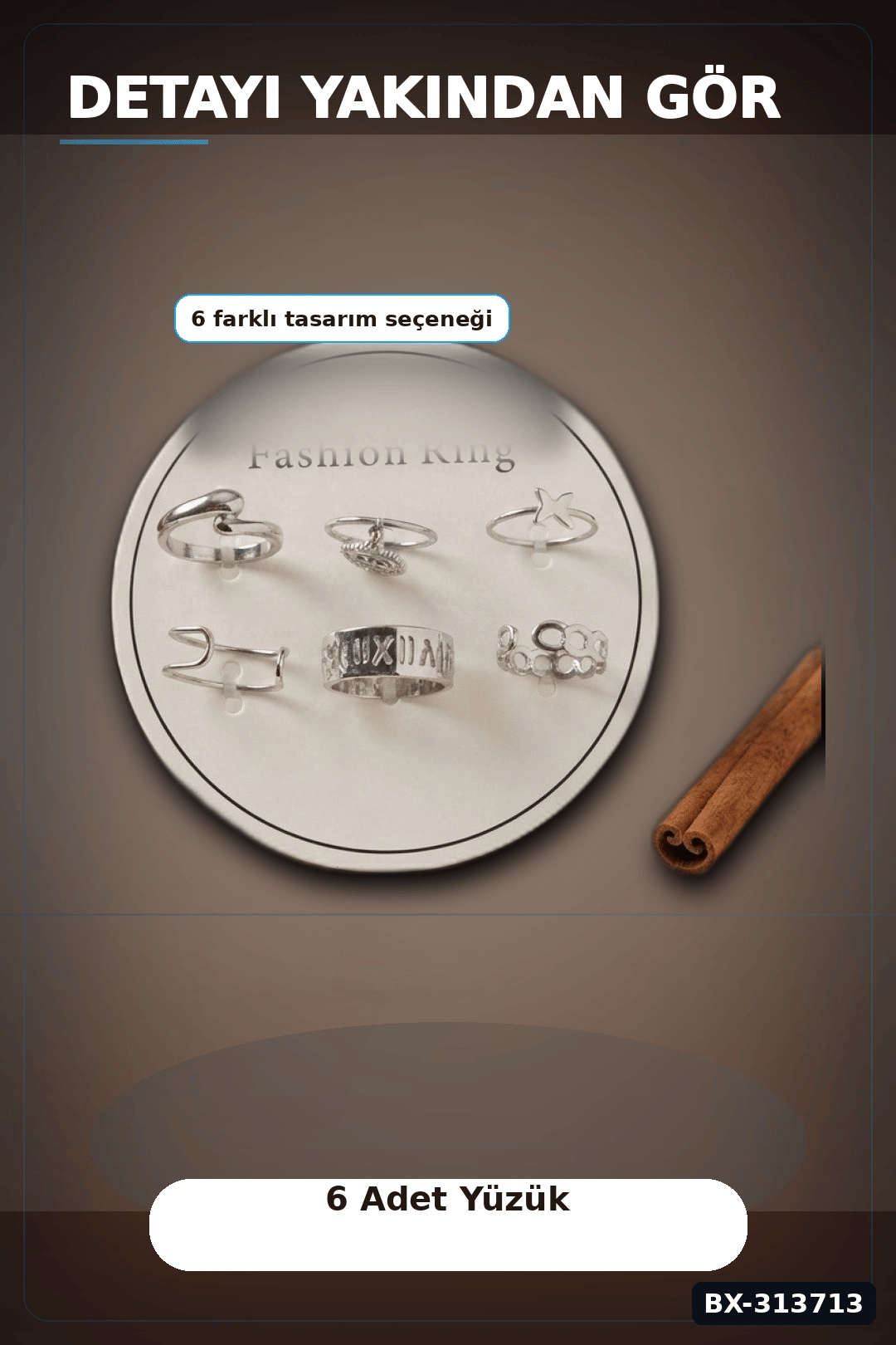 Pirinç Bohem Detaylı 6 Adet Yüzük Seti - Gümüş Rengi, 7-8 Numara, Bijuteri Aksesuar BX-313713