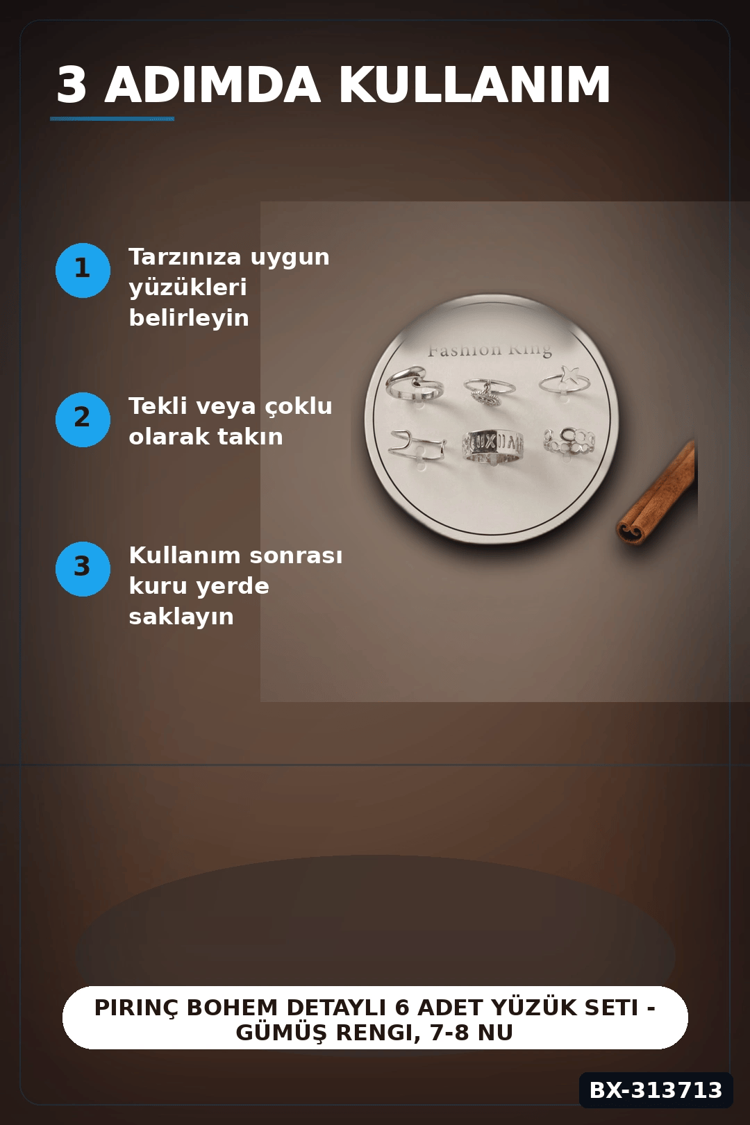 Pirinç Bohem Detaylı 6 Adet Yüzük Seti - Gümüş Rengi, 7-8 Numara, Bijuteri Aksesuar BX-313713