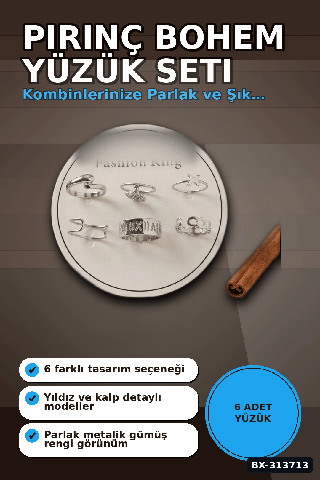 Pirinç Bohem Detaylı 6 Adet Yüzük Seti - Gümüş Rengi, 7-8 Numara, Bijuteri Aksesuar BX-313713