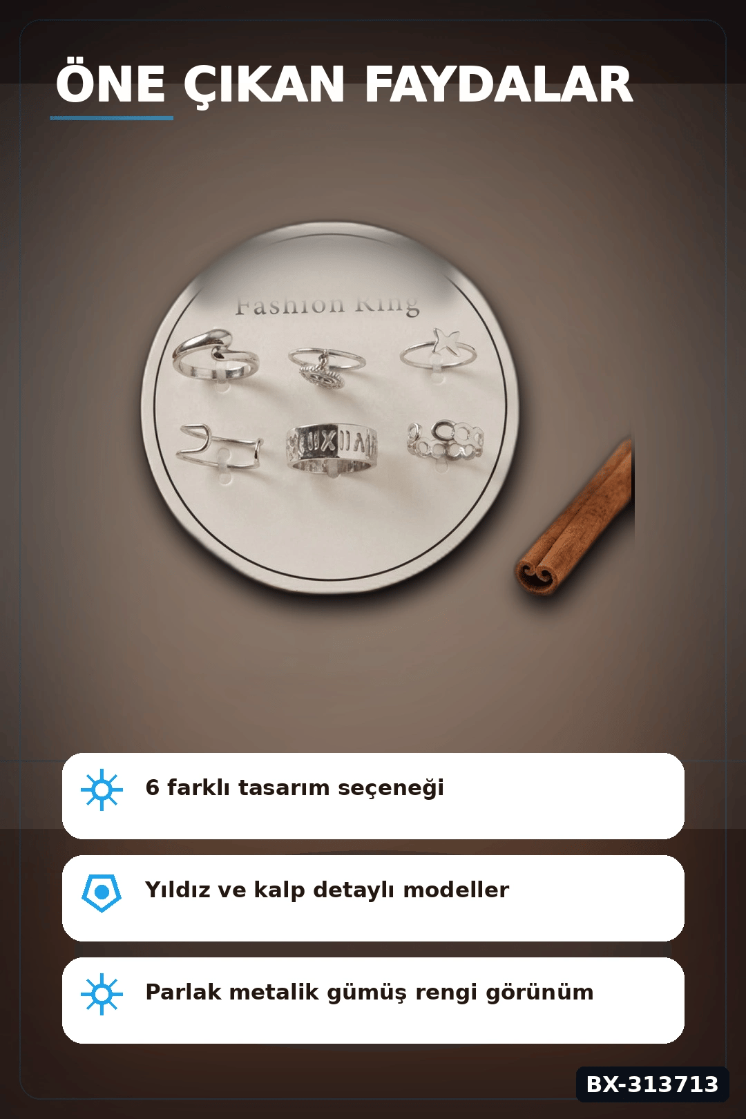 Pirinç Bohem Detaylı 6 Adet Yüzük Seti - Gümüş Rengi, 7-8 Numara, Bijuteri Aksesuar BX-313713