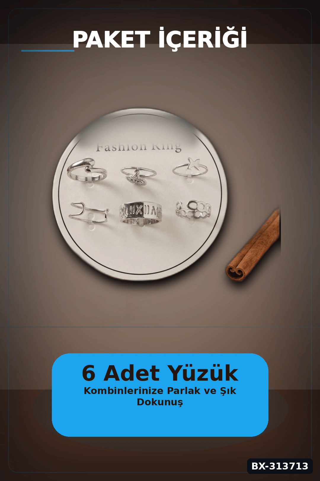 Pirinç Bohem Detaylı 6 Adet Yüzük Seti - Gümüş Rengi, 7-8 Numara, Bijuteri Aksesuar BX-313713