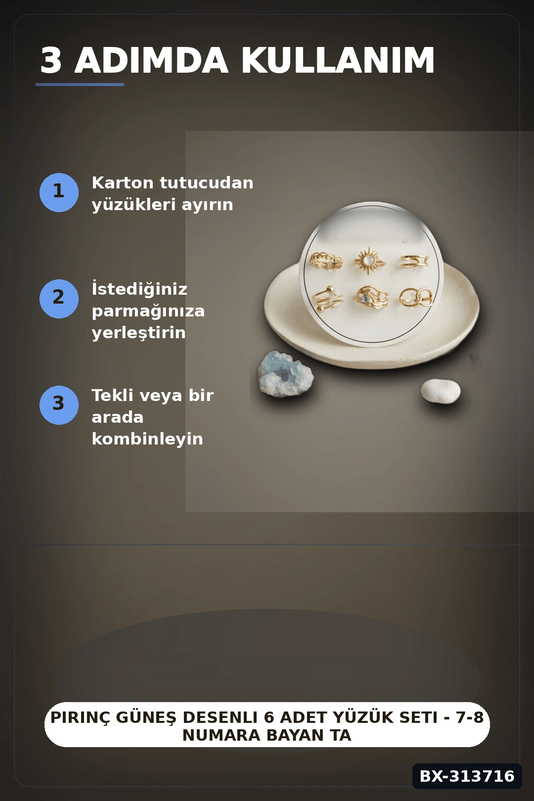 Pirinç Güneş Desenli 6 Adet Yüzük Seti - 7-8 Numara Bayan Takı Hediyelik BX-313716