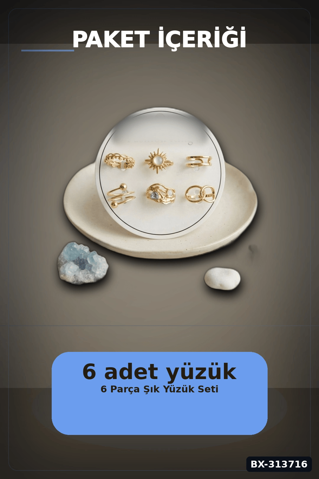 Pirinç Güneş Desenli 6 Adet Yüzük Seti - 7-8 Numara Bayan Takı Hediyelik BX-313716