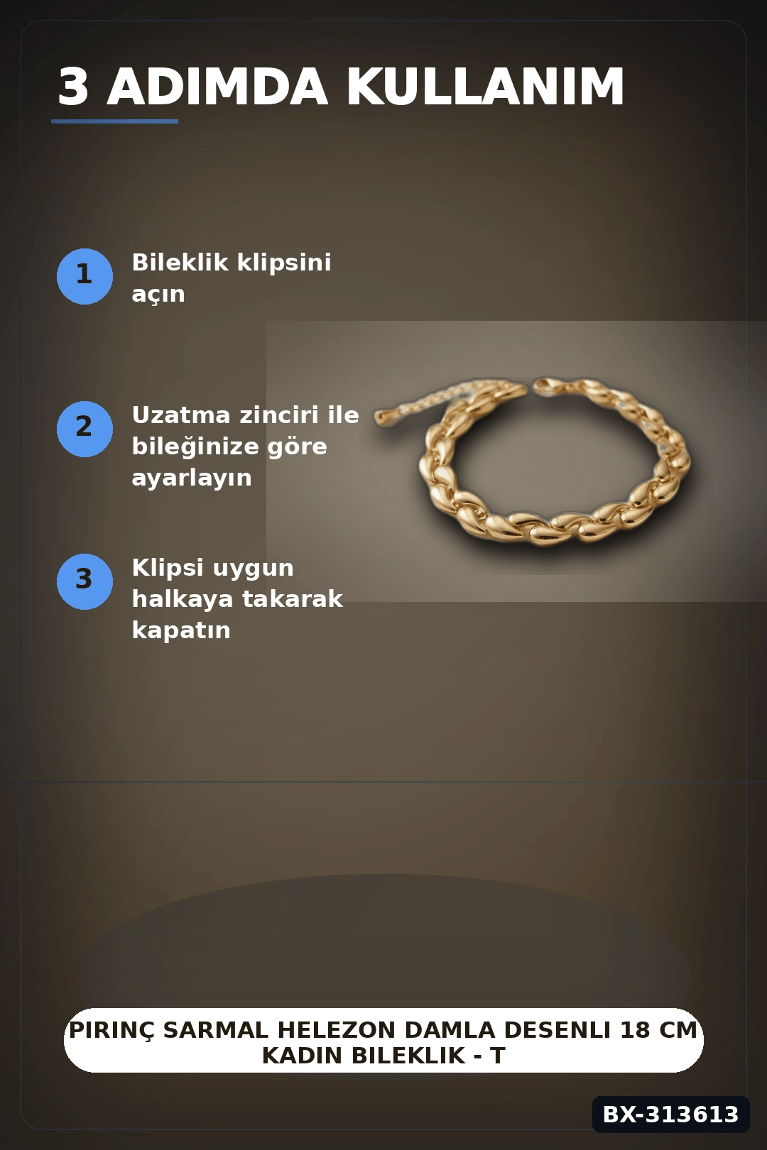 Pirinç Sarmal Helezon Damla Desenli 18 cm Kadın Bileklik - Tekli Paket BX-313613