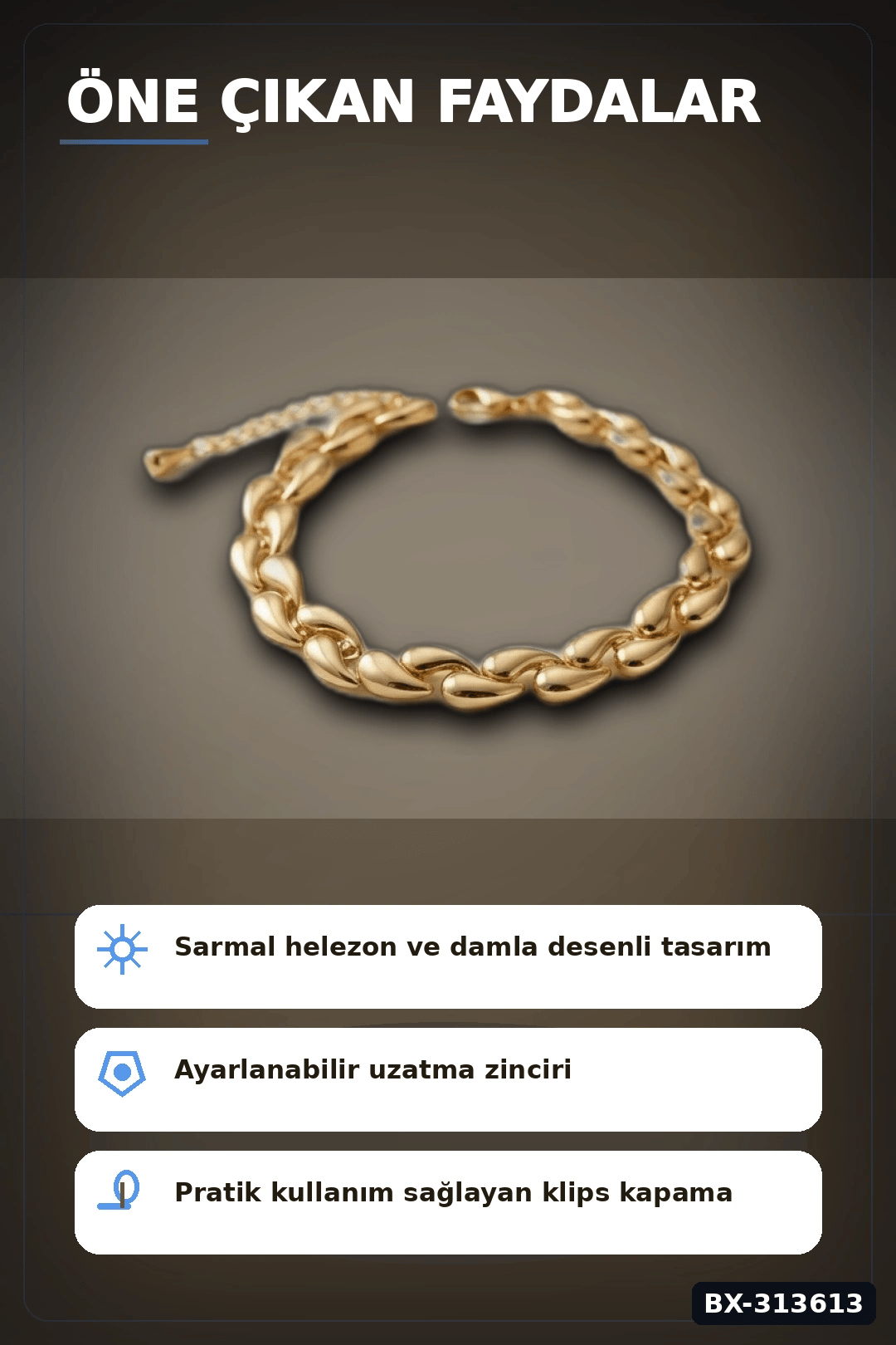 Pirinç Sarmal Helezon Damla Desenli 18 cm Kadın Bileklik - Tekli Paket BX-313613