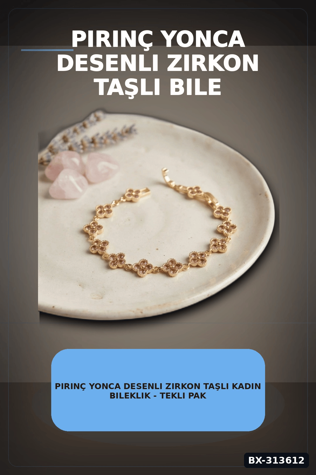 Pirinç Yonca Desenli Zirkon Taşlı Kadın Bileklik - Tekli Paket, Rengi Zarif Aksesuar BX-313612