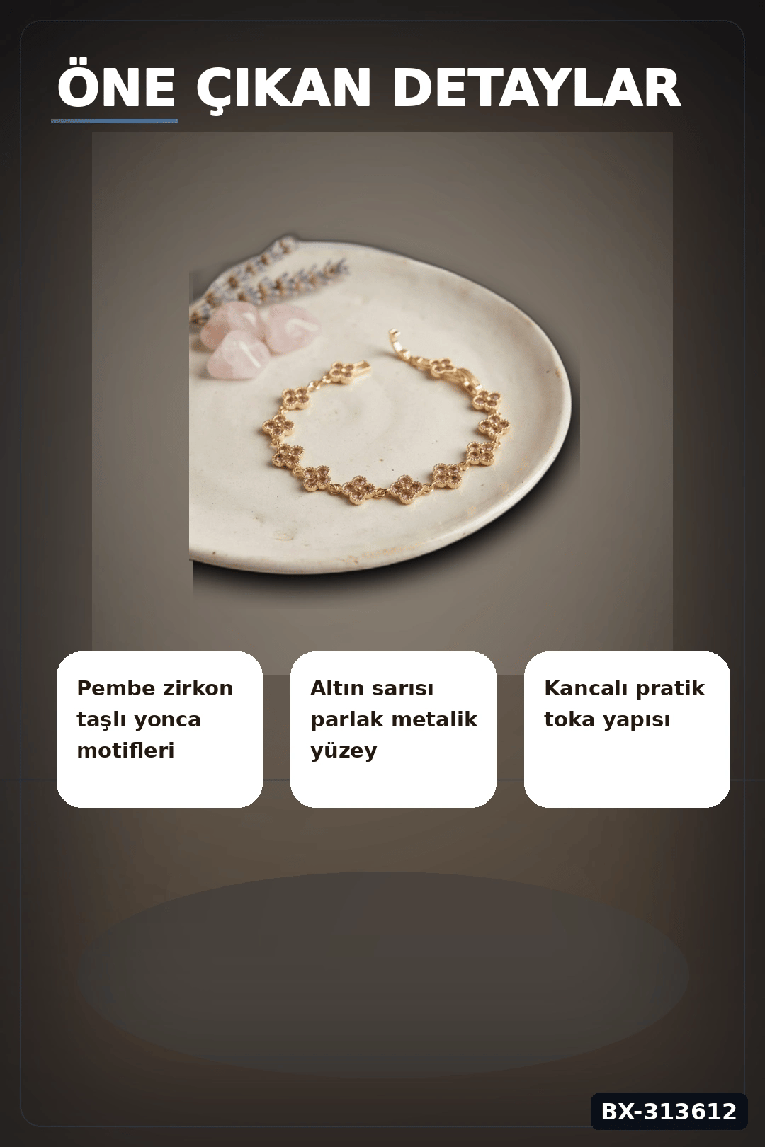 Pirinç Yonca Desenli Zirkon Taşlı Kadın Bileklik - Tekli Paket, Rengi Zarif Aksesuar BX-313612