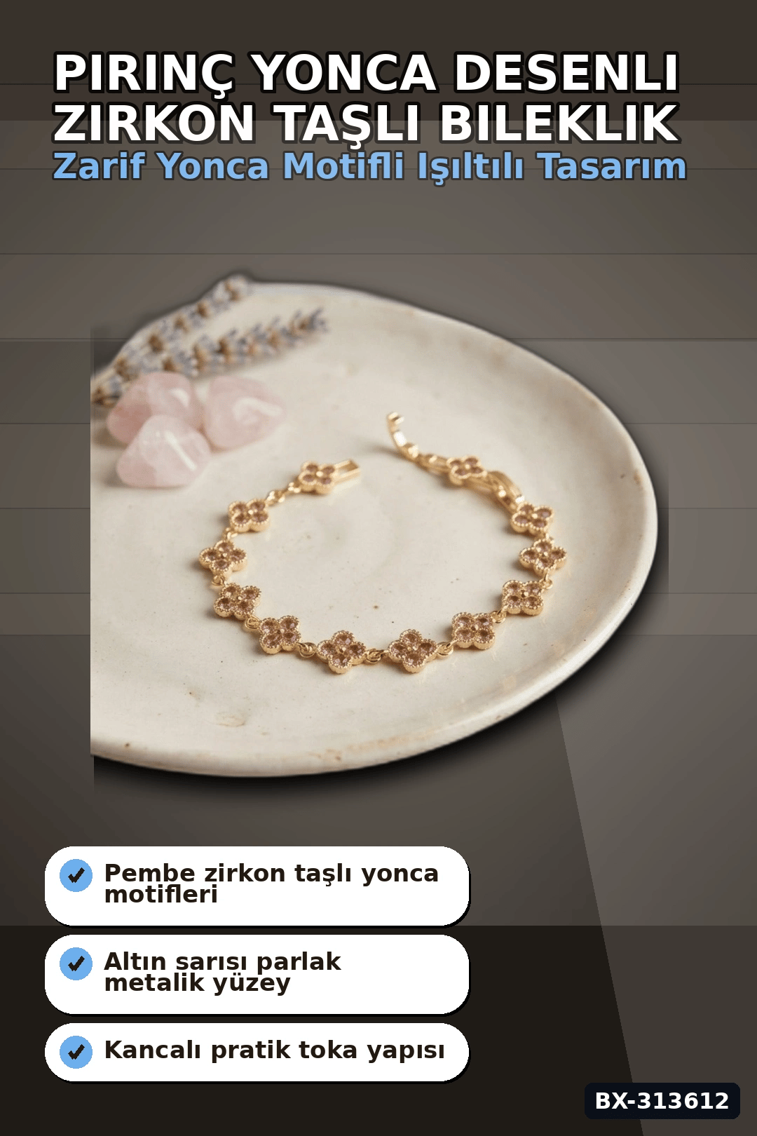 Pirinç Yonca Desenli Zirkon Taşlı Kadın Bileklik - Tekli Paket, Rengi Zarif Aksesuar BX-313612